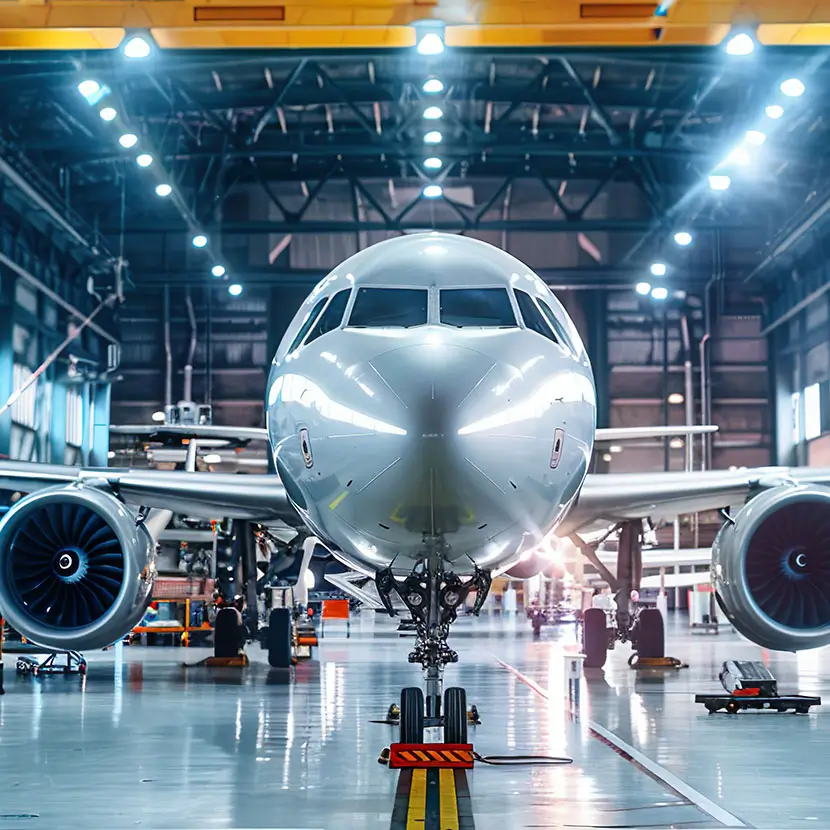 Front view of a commercial aircraft in a hangar for aerospace applications