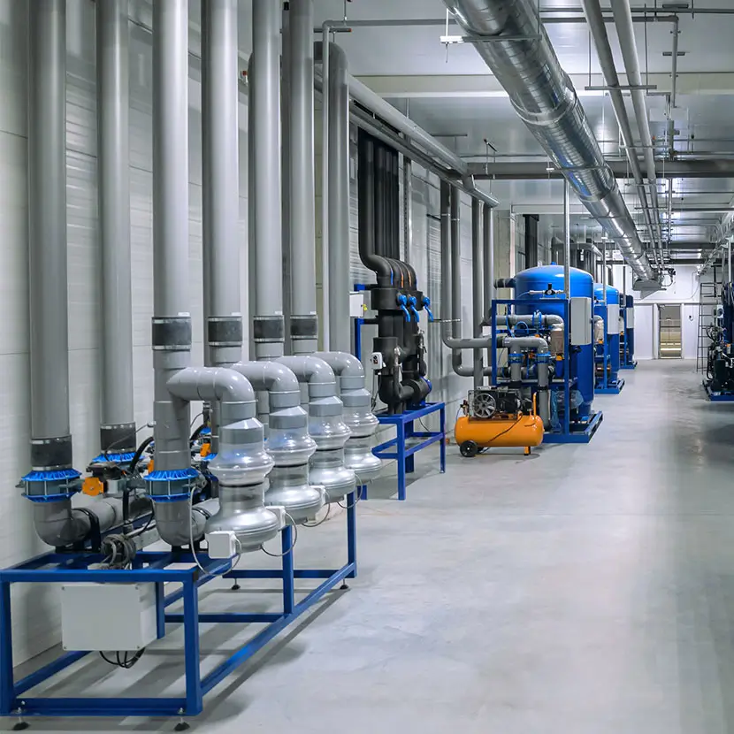 Interior view of climate control facility with multiple pipes and monitoring equipment