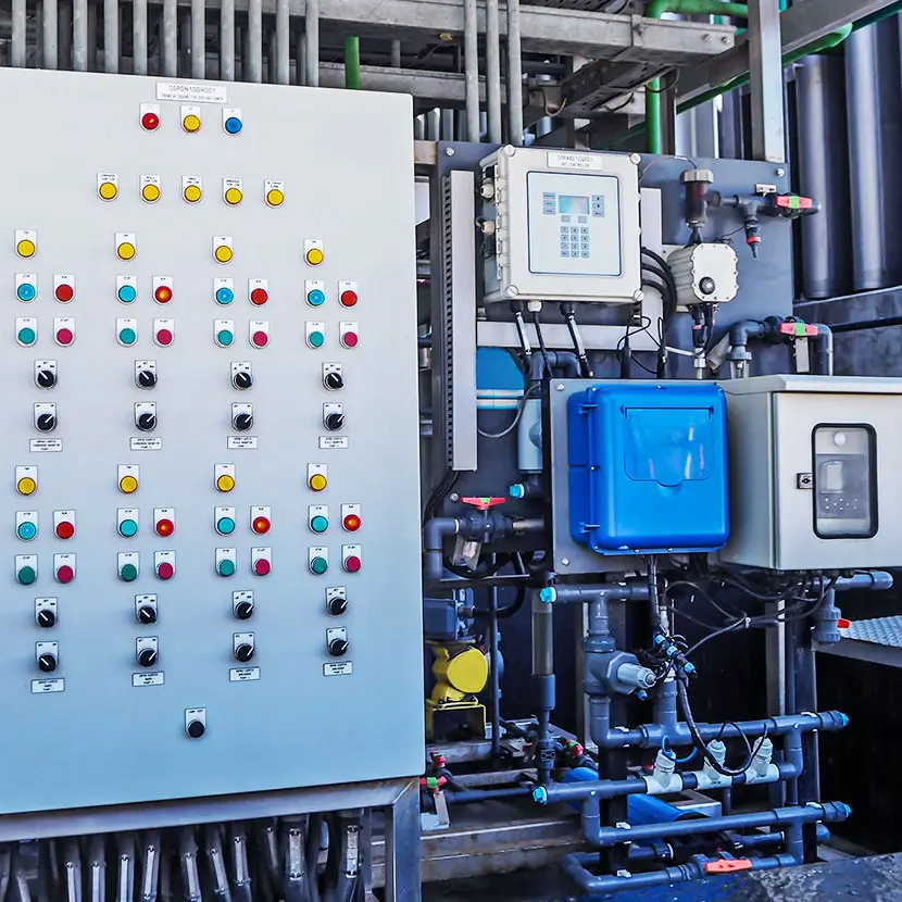 Industrial control panel with multiple colored push buttons and switches next to monitoring equipment and piping system.