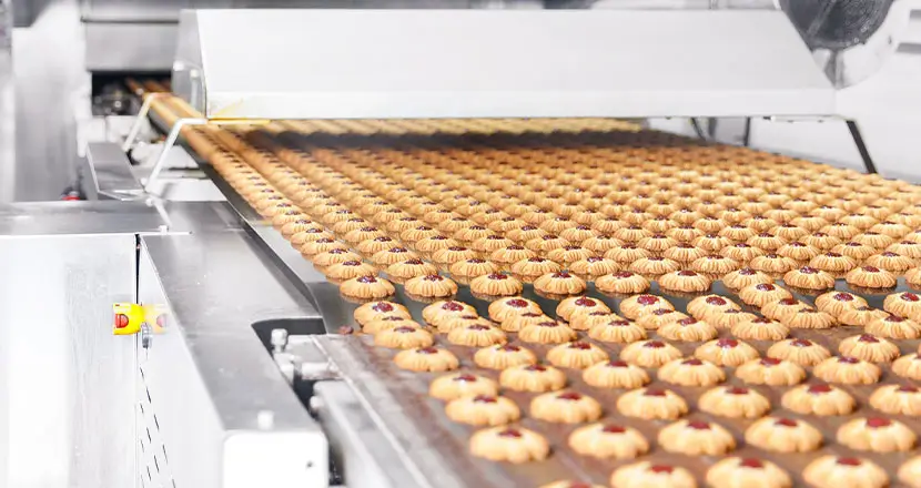 Industrial food processing equipment producing baked goods on conveyor belt