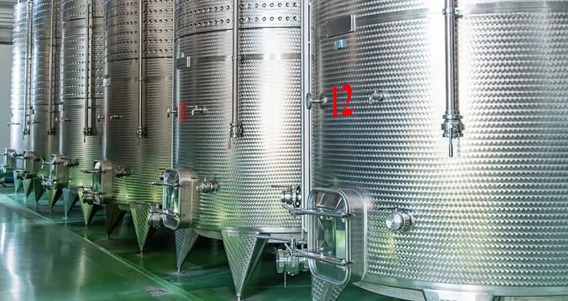 Row of large stainless steel industrial tanks for fluid monitoring