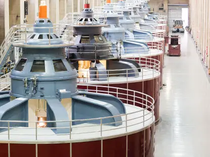 Interior view of clean energy facility with large machinery for renewable power generation